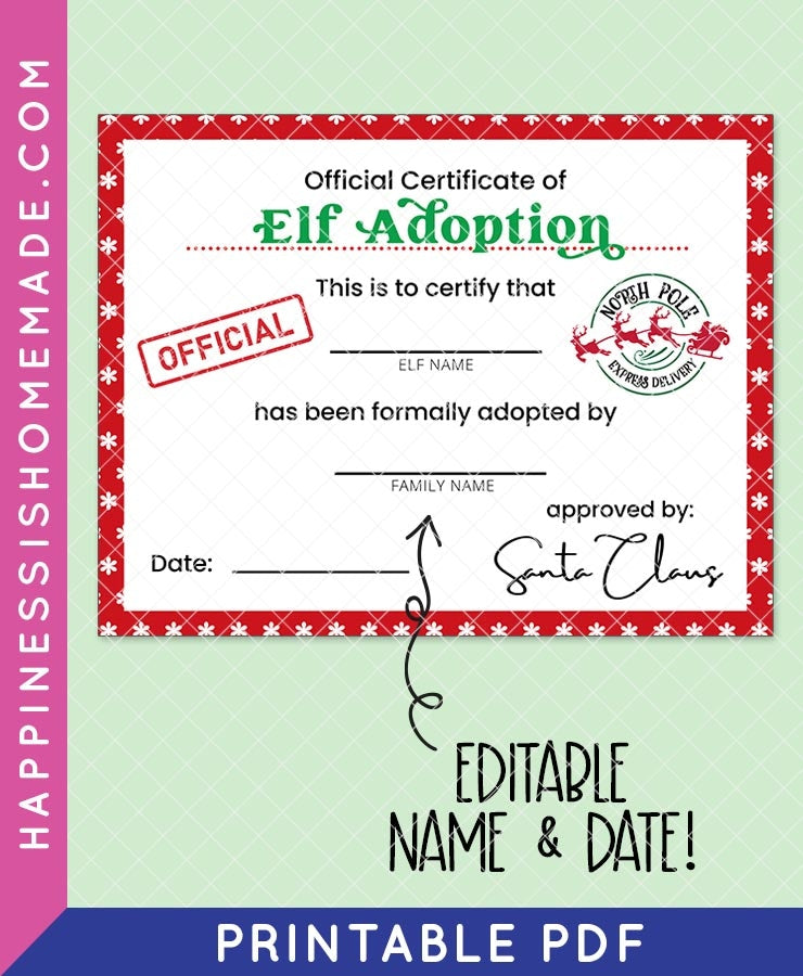 Printable Elf Adoption Certificate Editable, First Year Christmas