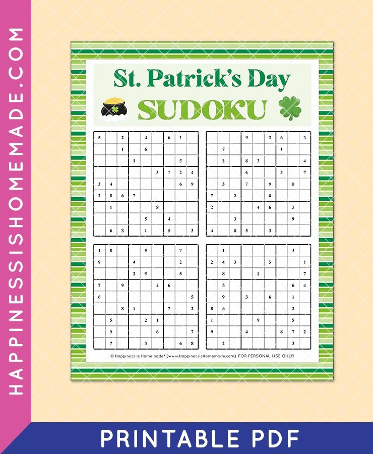 st-patrick-s-day-sudoku-happiness-is-homemade for Free Printable Daily Sudoku Puzzles St. Patrick's Day Sudoku – Happiness is Homemade for Free Printable Daily Sudoku Puzzles