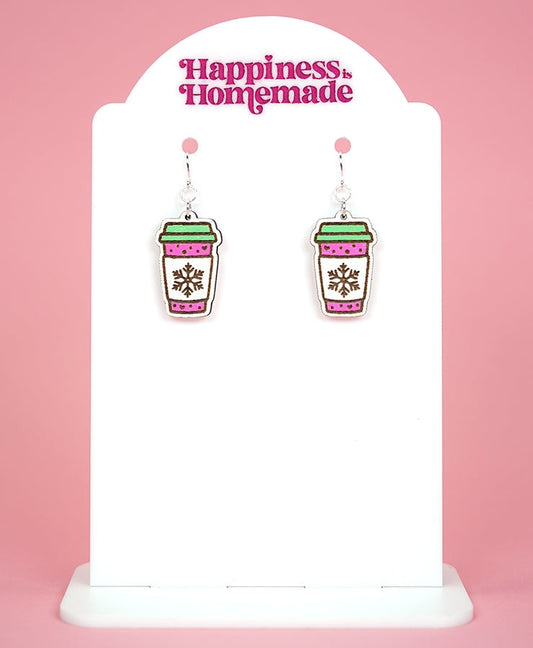 Winter Coffee Cup Earrings - Pink/Lime